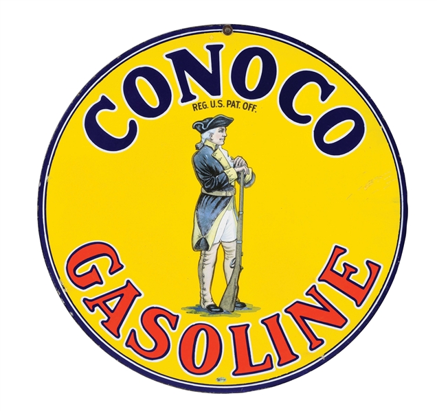 OUTSTANDING CONOCO GASOLINE PORCELAIN SIGN W/ MINUTEMAN GRAPHIC.
