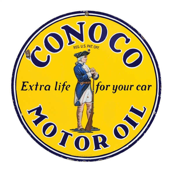 VERY RARE CONOCO MOTOR OIL PORCELAIN SERVICE STATION SIGN W/ MINUTEMAN GRAPHIC. 