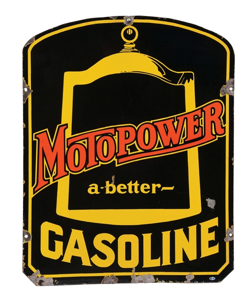 INCREDIBLY SCARCE MOTOPOWER "A BETTER" GASOLINE PORCELAIN SIGN W/ RADIATOR GRAPHIC. 