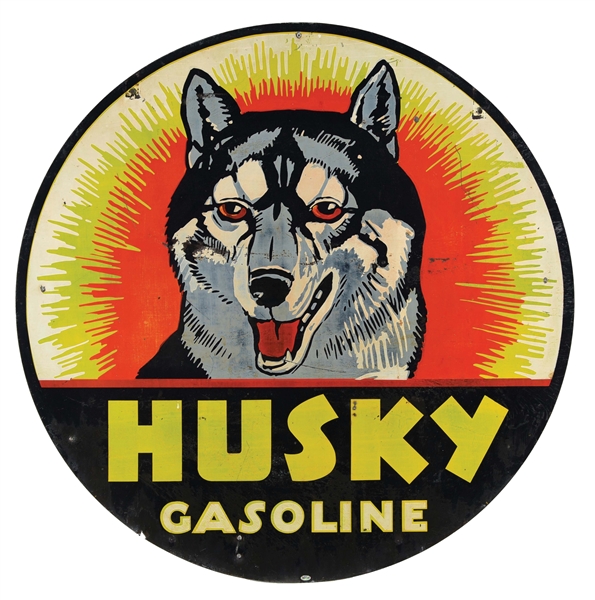 INCREDIBLY SCARCE HUSKY GASOLINE TIN SERVICE STATION SIGN W/ HUSKY DOG GRAPHIC. 