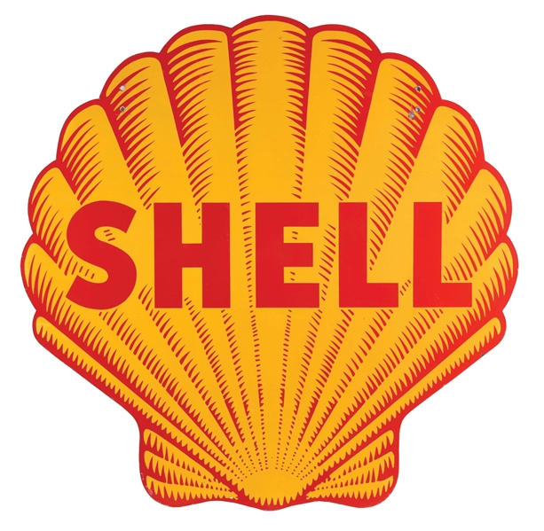 OUTSTANDING SHELL GASOLINE "SHARK TOOTH" DIE CUT PORCELAIN SERVICE STATION SIGN.
