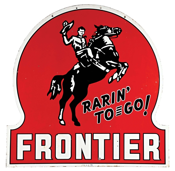 INCREDIBLE 48" FRONTIER "RARIN TO GO" GASOLINE PORCELAIN SIGN W/ COWBOY GRAPHIC. 