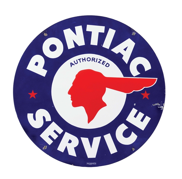 PONTIAC AUTHORIZED SERVICE PORCELAIN SIGN W/ FULL FEATHERED NATIVE AMERICAN GRAPHIC. 