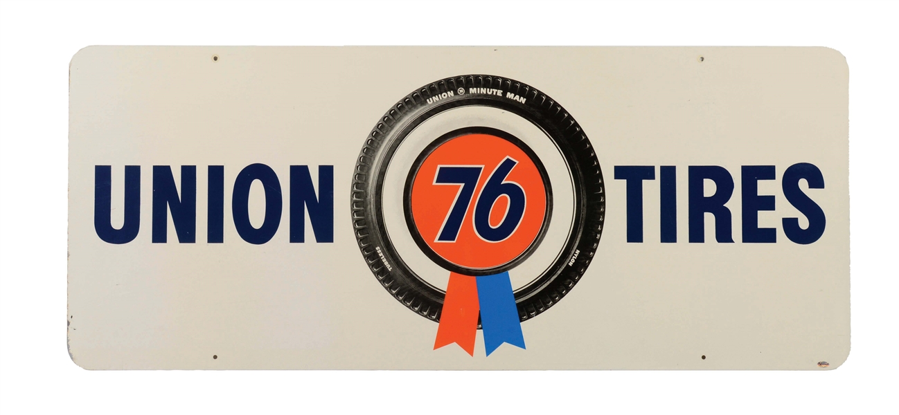 UNION 76 TIRES TIN SERVICE STATION SIGN W/ TIRE GRAPHIC. 