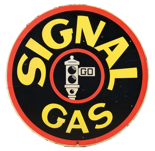 VERY RARE SIGNAL GASOLINE WAR ERA WOODEN SERVICE STATION SIGN W/ STOP LIGHT GRAPHIC. 
