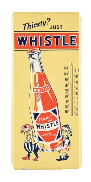 RARE THIRSTY? JUST WHISTLE SODA POP TIN THERMOMETER W/ ELF & BOTTLE GRAPHIC. 