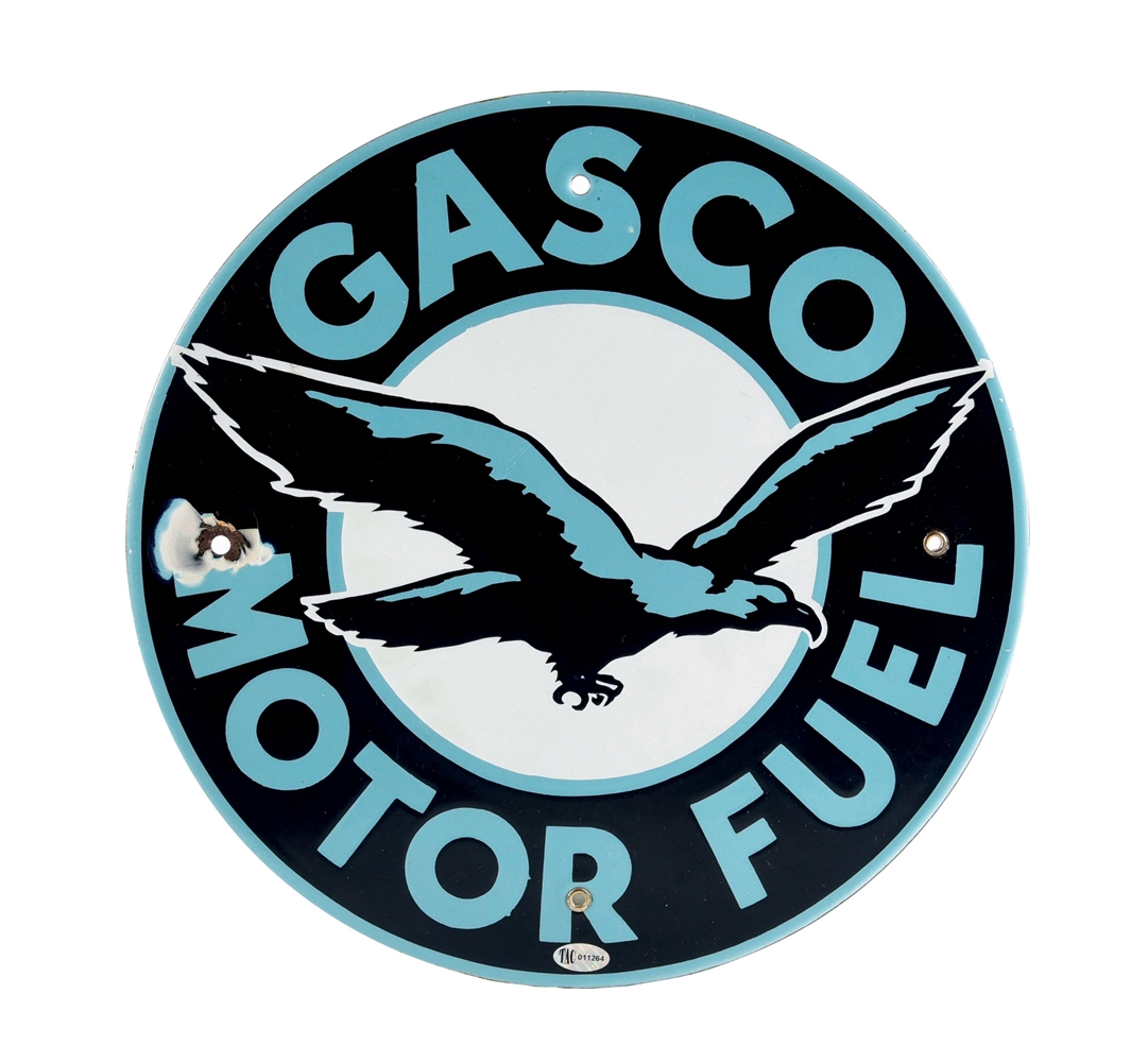SCARCE GASCO MOTOR FUEL PORCELAIN PUMP PLATE SIGN W/ BIRD GRAPHIC. 