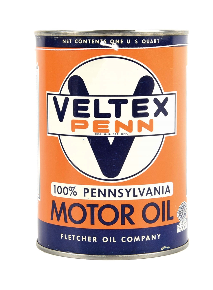 VELTEX PENN MOTOR OIL ONE QUART CAN W/ LARGE "V" GRAPHIC. 