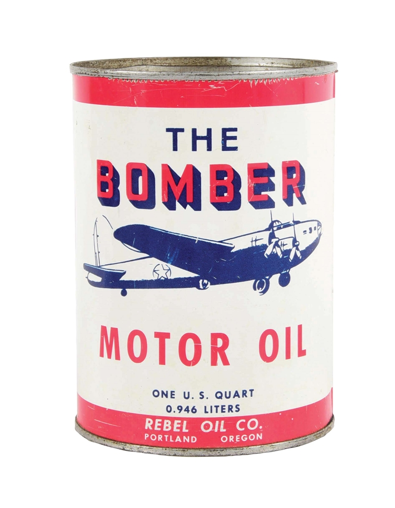 RARE BOMBER MOTOR OIL ONE QUART CAN W/ AIRPLANE & CONFEDERATE FLAG GRAPHIC. 