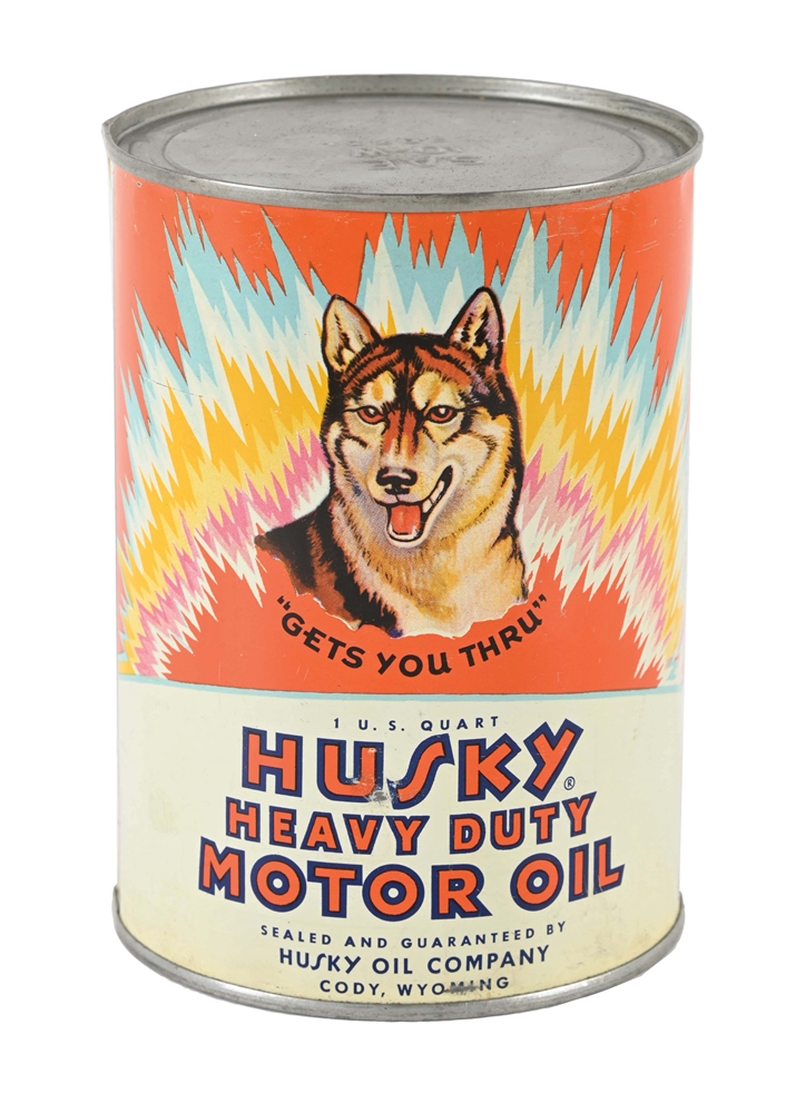 HUSKY HEAVY DUTY MOTOR OIL ONE QUART CAN W/ HUSKY DOG GRAPHIC. 