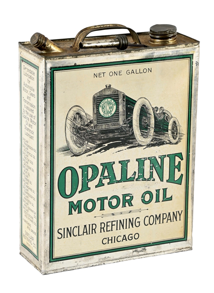 OUTSTANDING SINCLAIR OPALINE MOTOR OIL ONE GALLON CAN W/ DETAILED RACE CAR GRAPHIC. 
