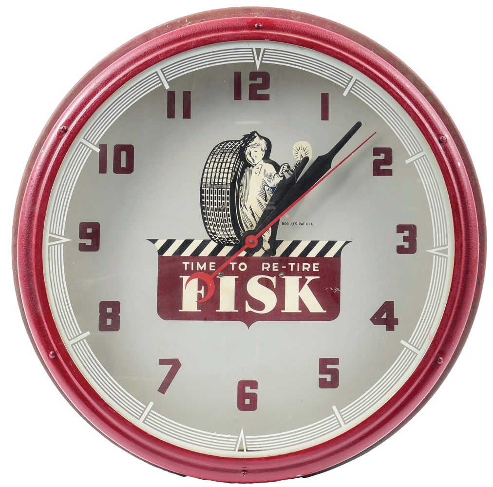 FISK TIRES "TIME TO RETIRE" SERVICE STATION ADVERTISING NEON CLOCK.