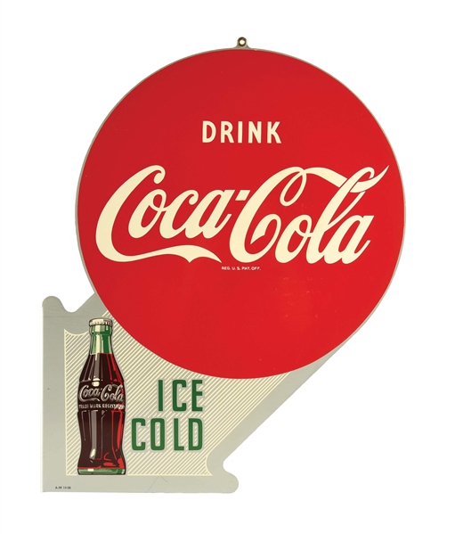 DRINK COCA COLA ICE COLD TIN FLANGE SIGN W/ BOTTLE GRAPHIC. 