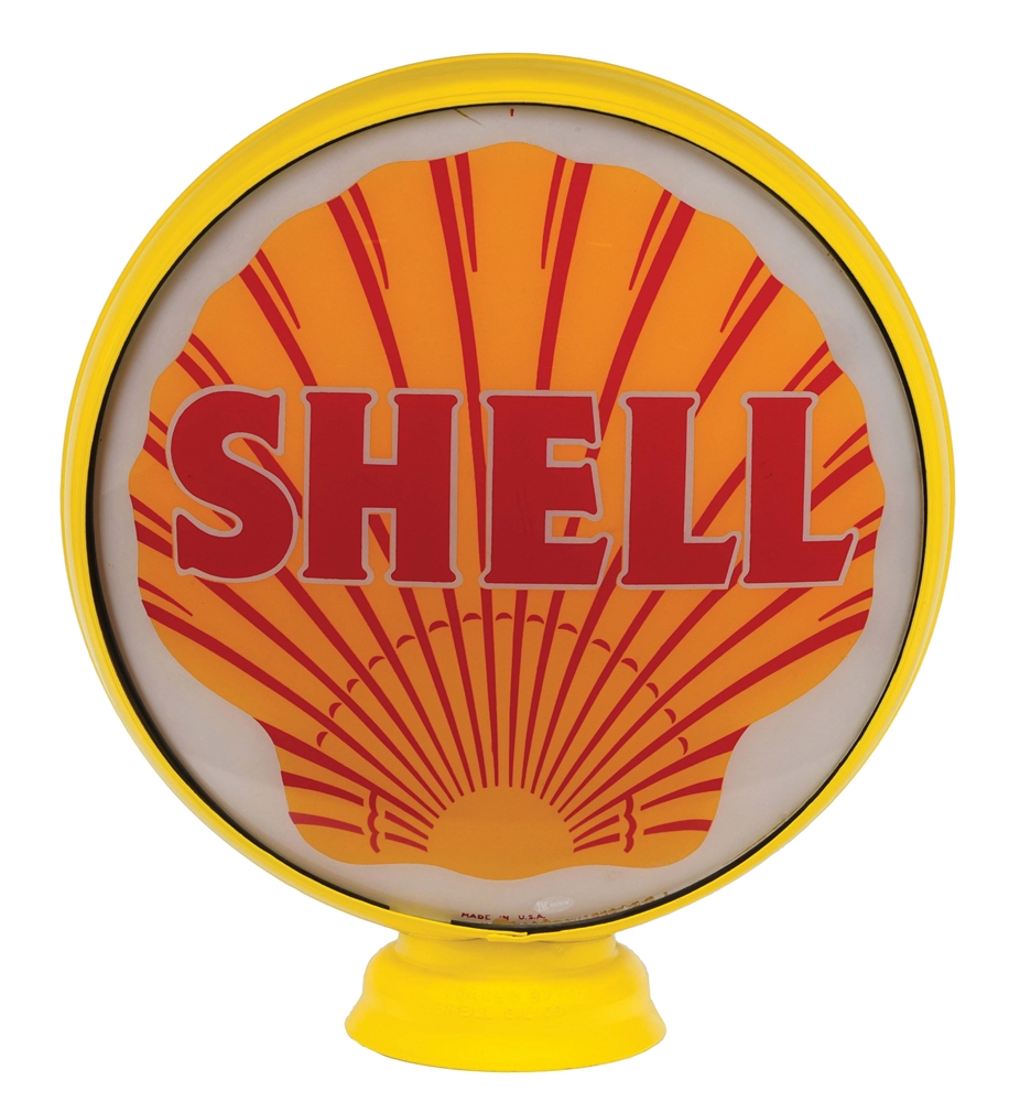 RARE SHELL GASOLINE COMPLETE 15" GLOBE ON ORIGINAL SHELL STAMPED LOW PROFILE BODY. 