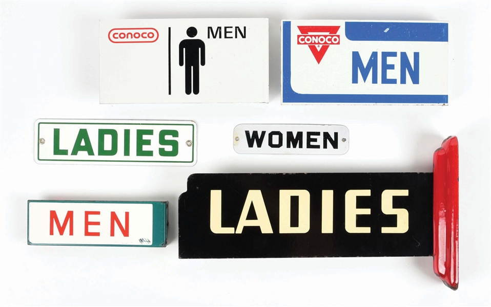 COLLECTION OF 6: PORCELAIN & TIN SERVICE STATION REST ROOM SIGNS.