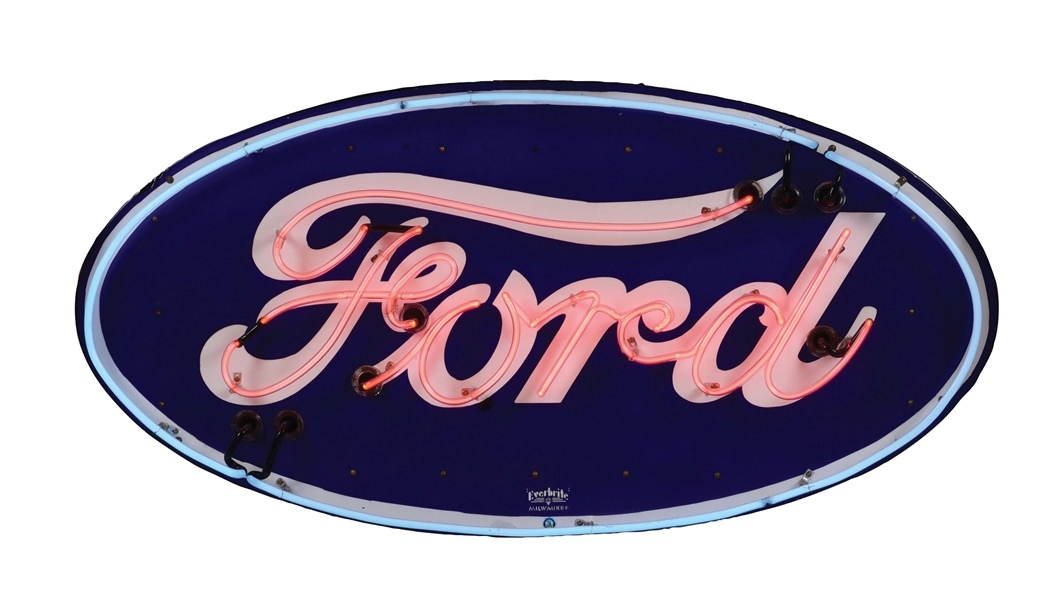 OUTSTANDING FORD AUTOMOBILES PORCELAIN NEON SIGN W/ FORD SCRIPT. 