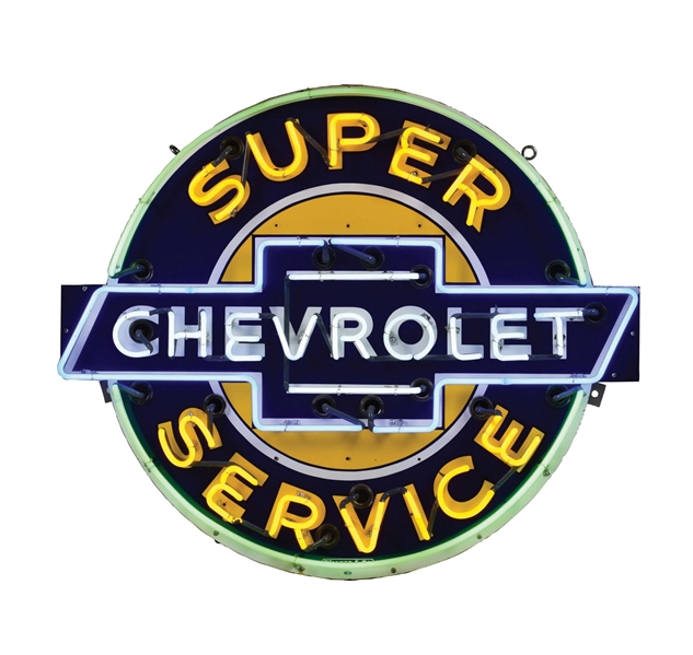 CHEVROLET SUPER SERVICE PORCELAIN NEON SIGN W/ BOW TIE GRAPHIC. 