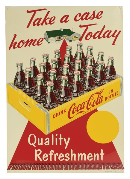 COCA-COLA "TAKE A CASE HOME TODAY" TIN SIGN W/ CASE GRAPHIC. 