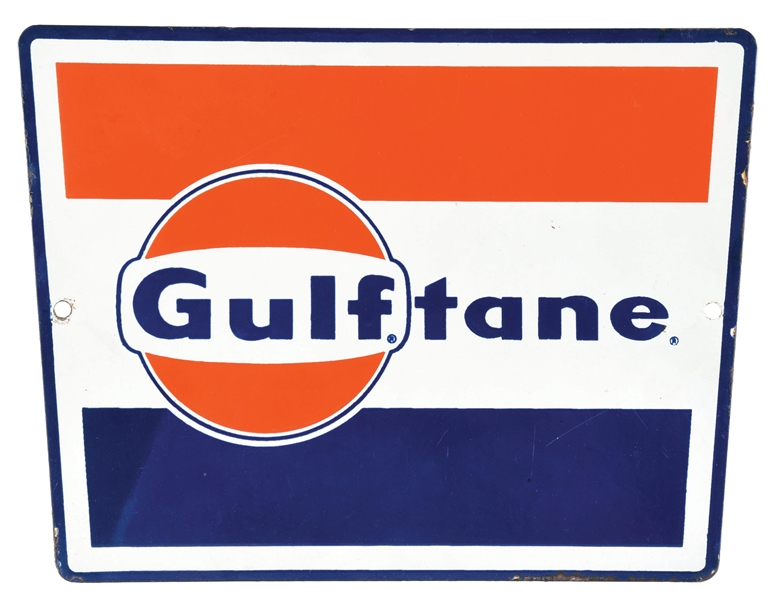 GULF GULFTANE GASOLINE PORCELAIN PUMP PLATE SIGN. 