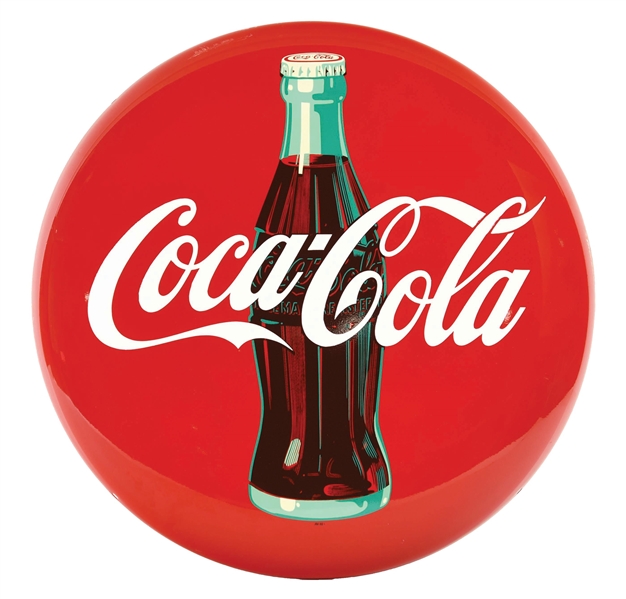 COCA-COLA TIN BUTTON SIGN W/ SCRIPT & BOTTLE GRAPHIC. 