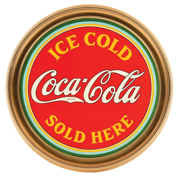 ICE COLD COCA-COLA SOLD HERE EMBOSSED TIN SIGN W/ ORNATE WOODEN FRAME. 