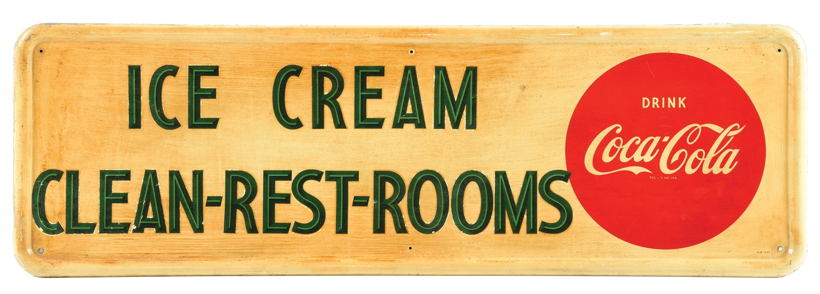 COCA-COLA ICE CREAM CLEAN-RESTROOMS TIN SIGN.