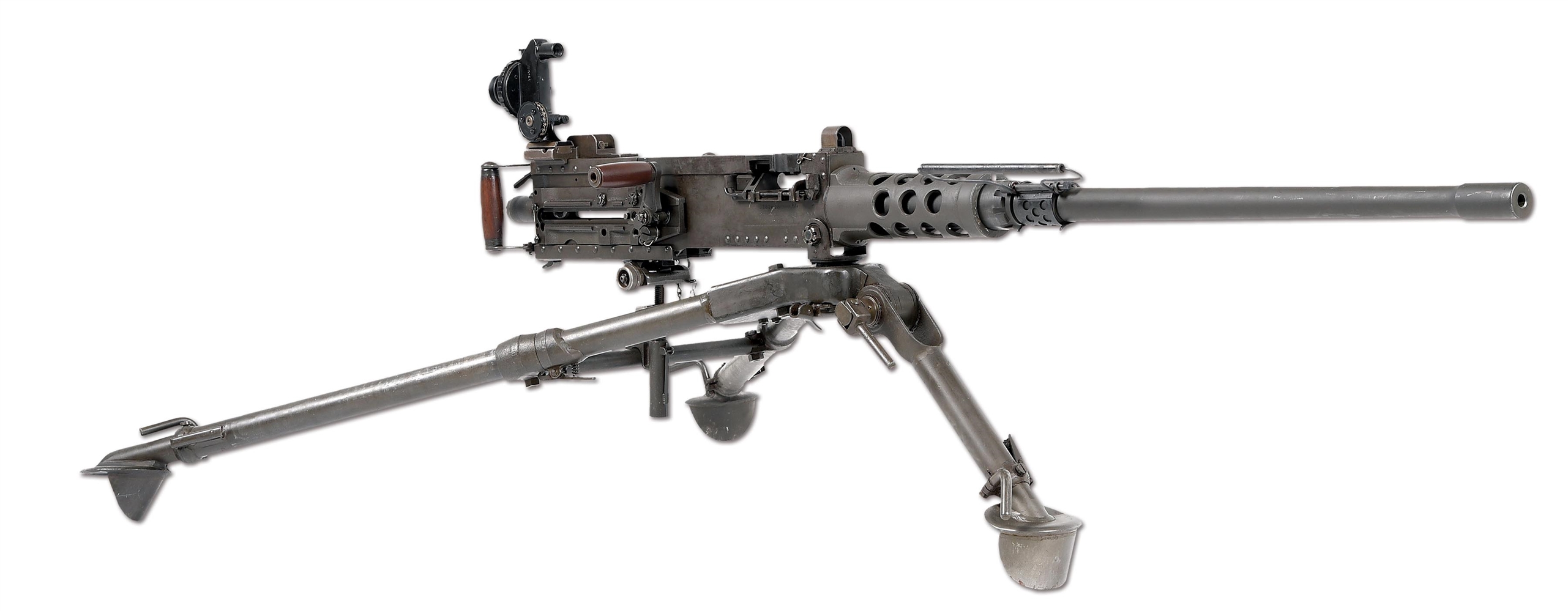(N) VERY DESIRABLE WWII SAVAGE ARMS CO MANUFACTURED U.S. M2 HEAVY BARRELED .50 BMG MACHINE GUN WITH VINTAGE ORIGINAL OPTIC AND TRIPOD (CURIO AND RELIC).