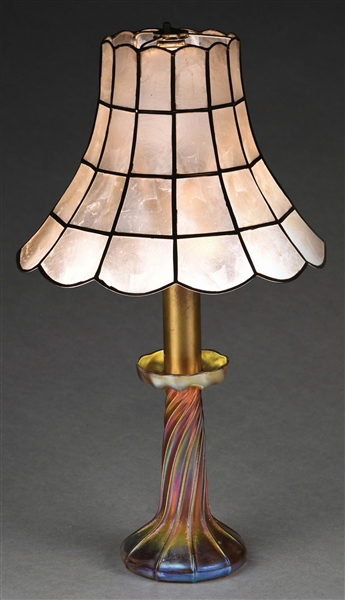 TIFFANY STUDIOS CANDLESTICK LAMP W/ KAPPA SHELL SHADE.