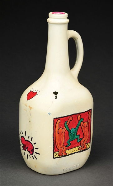 PAINTED GLASS JUG ATTRIBUTED TO KEITH HARING.