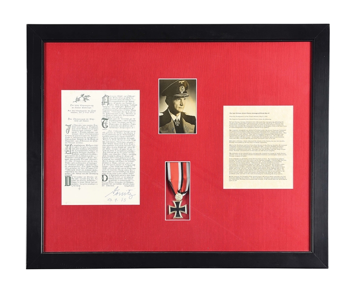FRAMED KRIEGSMARINE ADMIRAL KARL DONITZ SIGNED PHOTOGRAPH AND DOCUMENT.