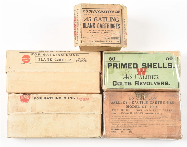 LOT OF 5: COLLECTIBLE BOXES OF AMMUNITION.