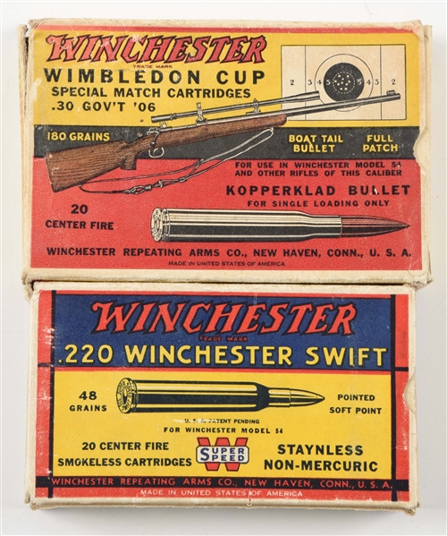 LOT OF 2: VINTAGE BOXES OF WINCHESTER RIFLE AMMUNITION.