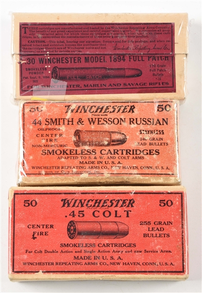 LOT OF 3: ANTIQUE BOXES OF WINCHESTER AMMUNITION. 