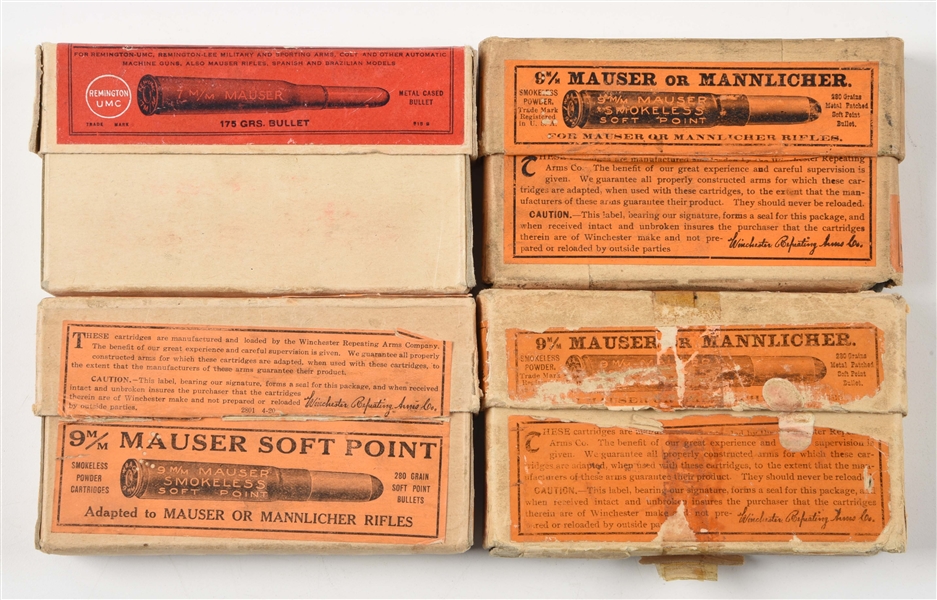 LOT OF 4: VINTAGE BOXES OF 9MM AND 7MM MAUSER AMMUNITION.