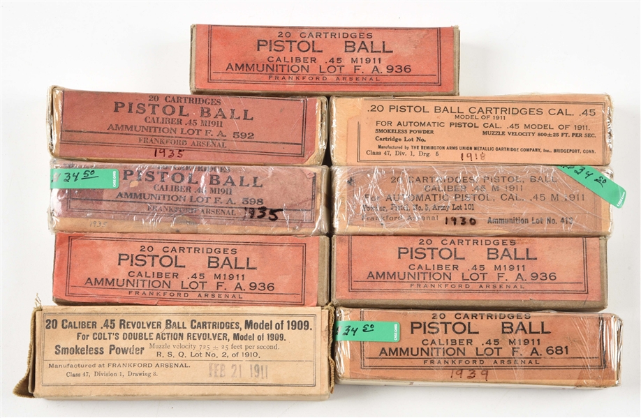 LOT OF 9: BOXES OF GOVERNMENT .45 PISTOL AMMUNITION.