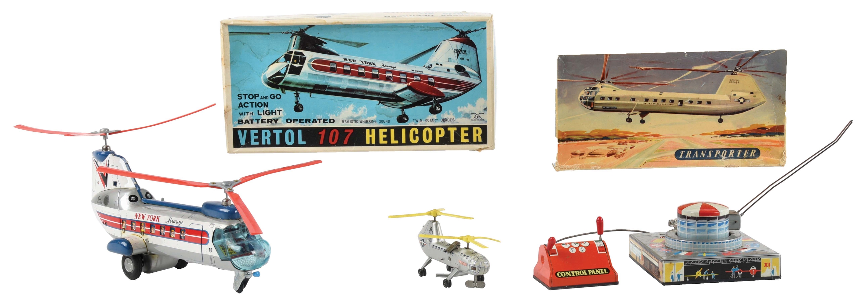 LOT OF 2: GERMAN AND JAPANESE BATTERY-OPERATED HELICOPTER TOYS.