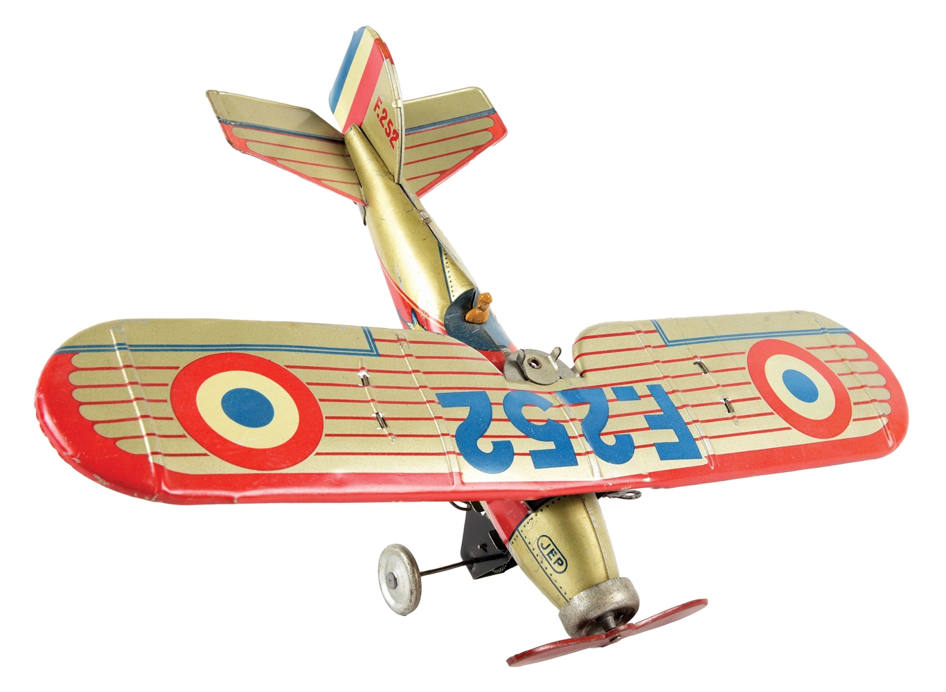 PRE-WAR FRENCH TIN LITHO WIND-UP JAP SINGLE WINGED AIRPLANE MARKED "F. 252".