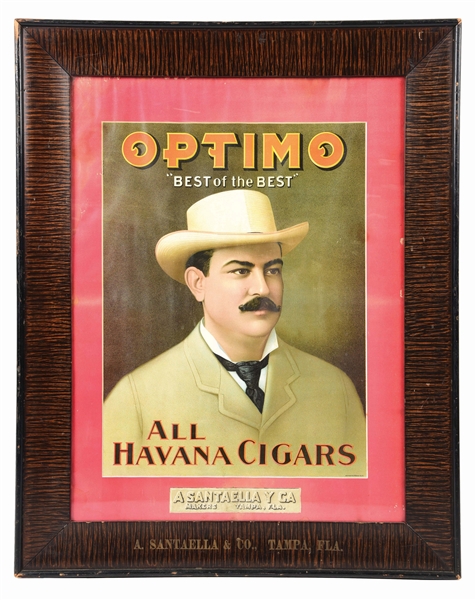 OPTIMO CIGARS FRAMED CARBOARD ADVERTISEMENT.