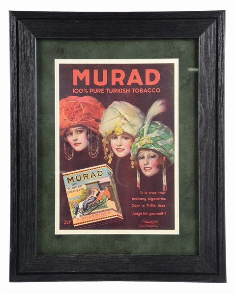 FRAMED PAPER ADVERTISING FOR MURAD PURE TURKISH TOBACCO.