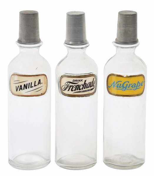 LOT OF 3: SODA FOUNTAIN SYRUP BOTTLES.