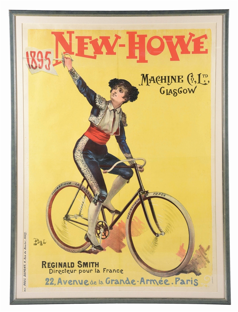 A WONDERFUL FRAMED POSTER DATED 1895 FOR NEW-HOWE BICYCLES.