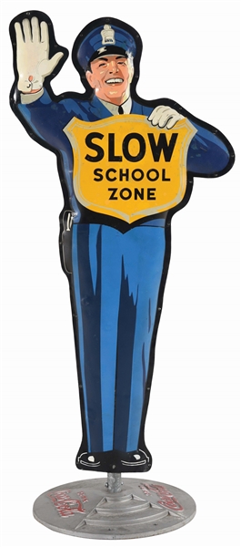 COCA-COLA DOUBLE SIDED TIN "SLOW SCHOOL ZONE" CURB SIGN.