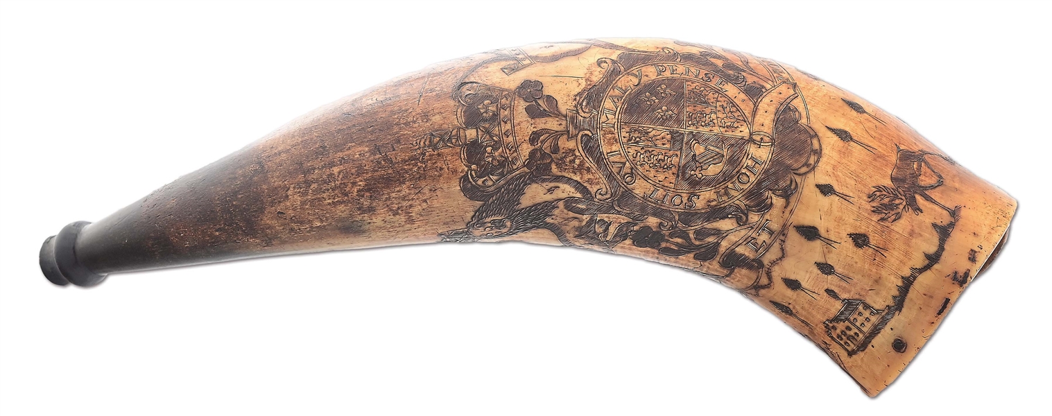 ENGRAVED MID 18TH CENTURY POWDER HORN BY THE "POINTED TREE" CARVER.