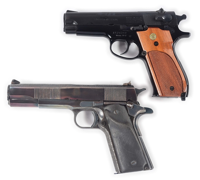 (M) LOT OF 2: ALUMINUM FRAME SMITH & WESSON MODEL 39-2 AND CUSTOM ESSEX ARMS M1911A1 SEMI-AUTOMATIC PISTOL WITH MATCHING FACTORY BOX.