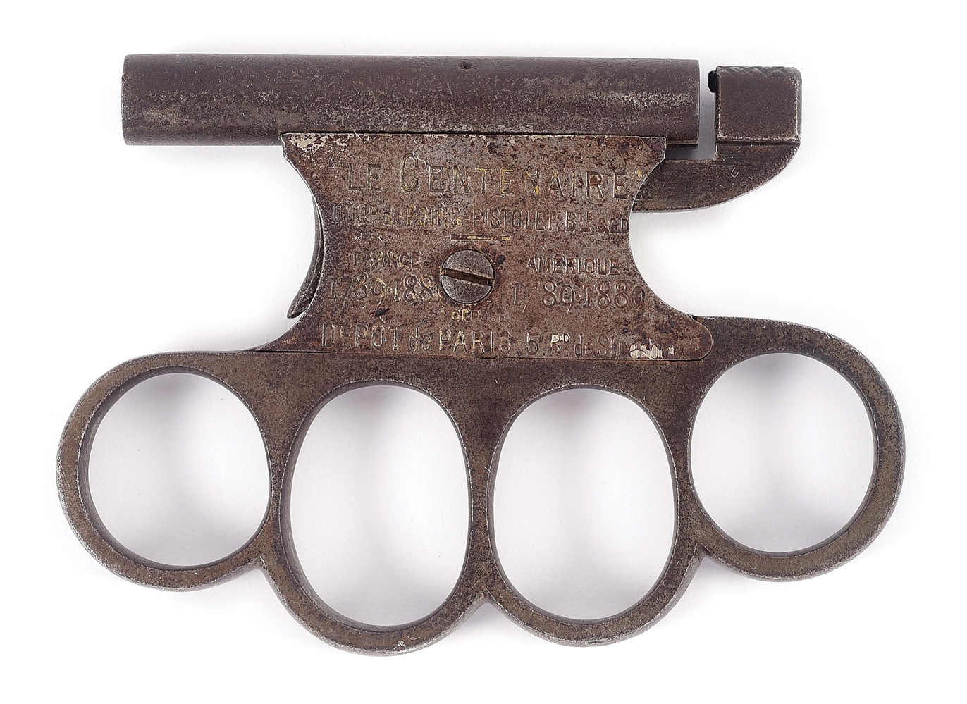 (A) FRENCH "LE CENTENAIRE" SINGLE SHOT KNUCKLE DUSTER PISTOL WITH CONTEMPORARY BOX. 