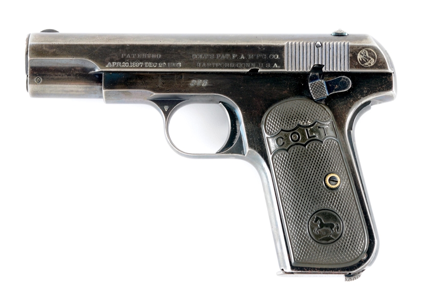 (C) EARLY PRODUCTION COLT MODEL 1908 POCKET HAMMERLESS SEMI AUTOMATIC PISTOL.