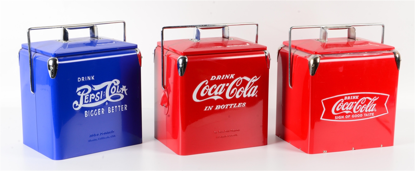 LOT OF 3: REISSUED SMALL SODA POP COOLERS.
