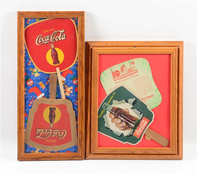 LOT OF 2: FRAMED PAIRS OF COCA-COLA CARDBOARD ADVERTISING HAND FANS.