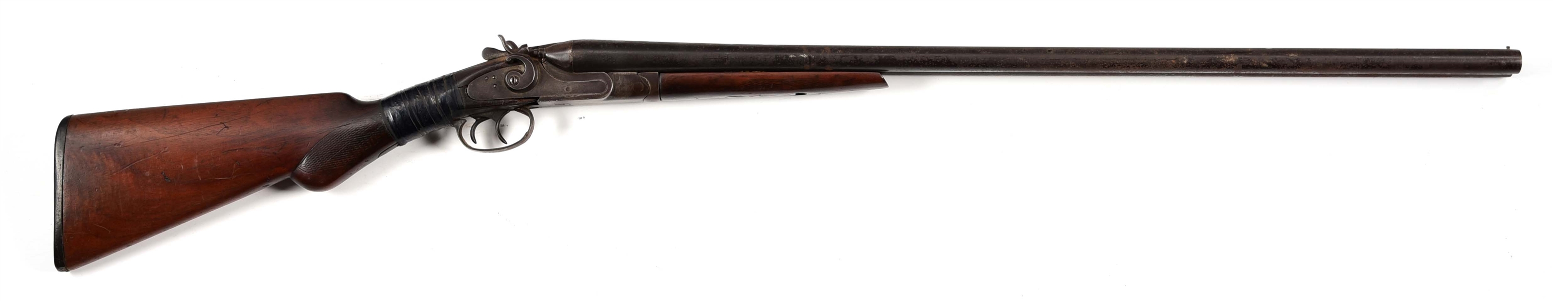 (A) CUMBERLAND ARMS CO. SIDE BY SIDE HAMMER SHOTGUN.