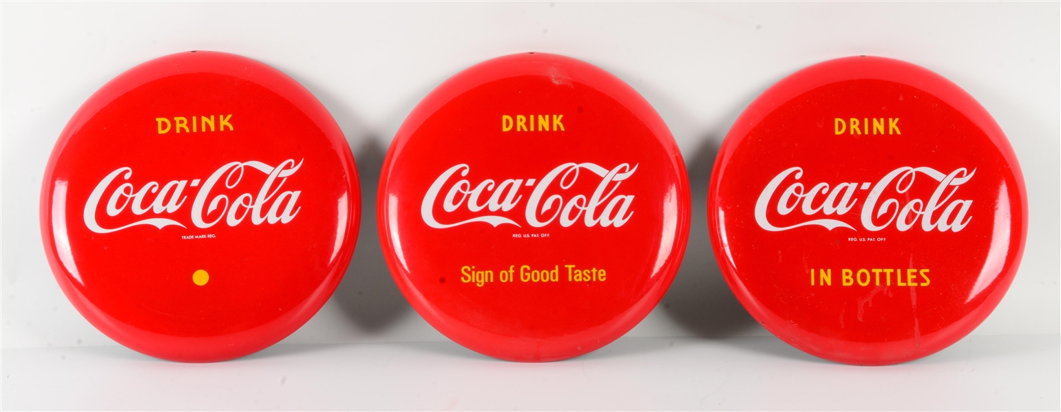 LOT OF 3: REPRODUCTION COCA-COLA BUTTON SIGNS.